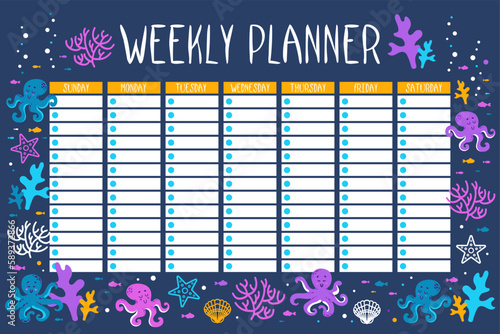 Weekly planner. Summer marine pattern with Octopuses, corals, starfish, algae, shells and fish. Red and blue. ocean dwellers. Flat style. Template design. Schedule for printing, calendar, study, work.
