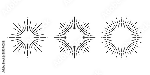 Retro sunburst frames set. Vintage sun light rays collection. Stylized sunshine, radial rays, sunbeams, firework, sparks, sparkles, explosion symbols pack. Vector line design elements 