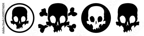 Set of black skull icon illustration. Comic style. T-shirt print for Horror or Halloween. Hand drawing illustration isolated on white background. Vector EPS 10