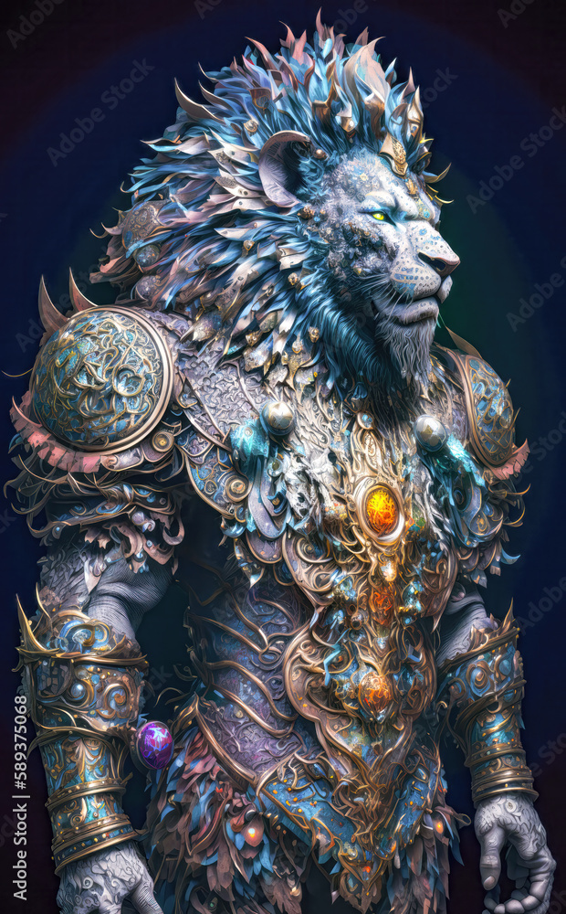Fototapeta premium Surreal Portrait of a Warrior Lion. Lion King. Created with Generative AI Technology 