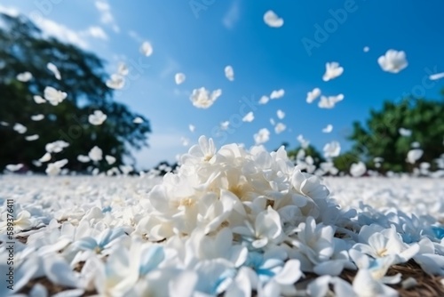 The white petals fall off with blurred clear blue sky and cloud