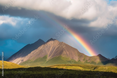Rainbow over majestic mountain range with blue skies