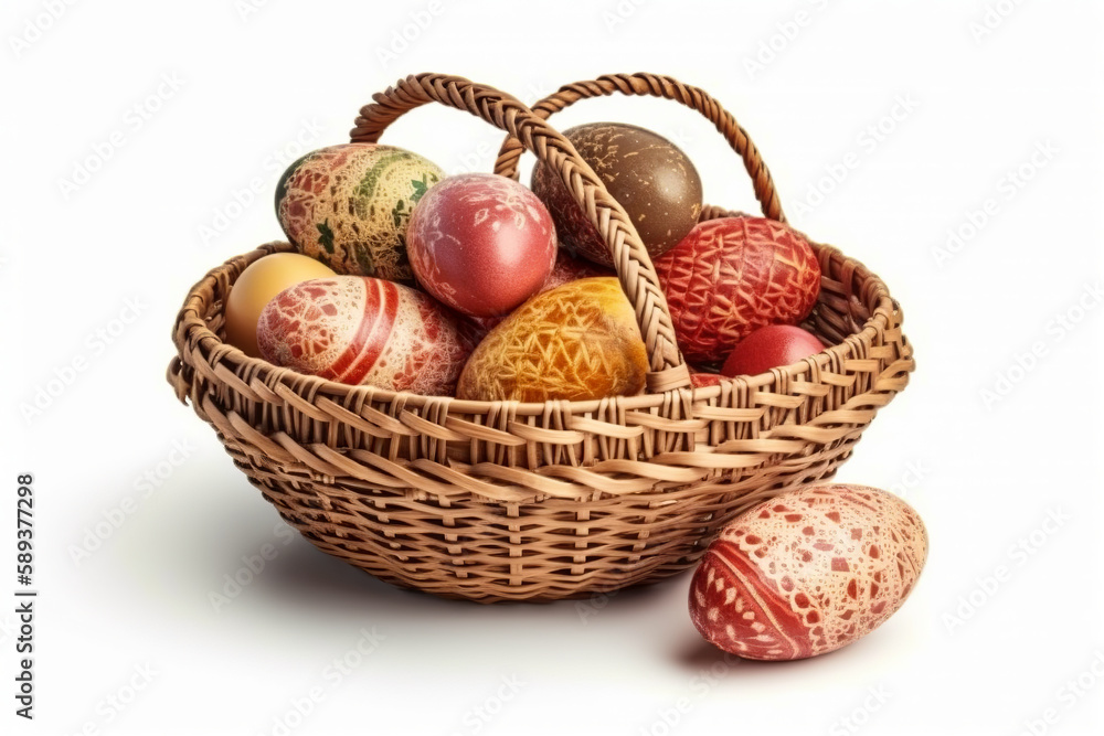 Realistic easter eggs in basket created with Generative AI Realistic easter eggs in basket created with Generative AI