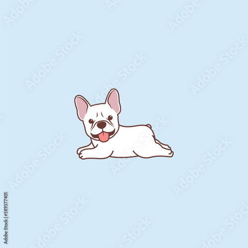 Cute white french bulldog puppy lying down cartoon, vector illustration