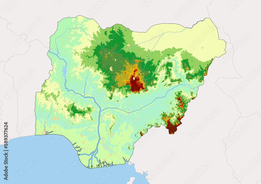 High detailed vector Nigeria physical map, topographic map of Nigeria on white with rivers ...