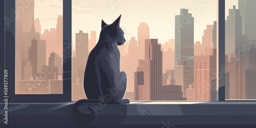 A gray cat sits on a windowsill overlooking the city skyline in the background. Its tail is curled around its paws, and it looks content and relaxed. Generative AI.