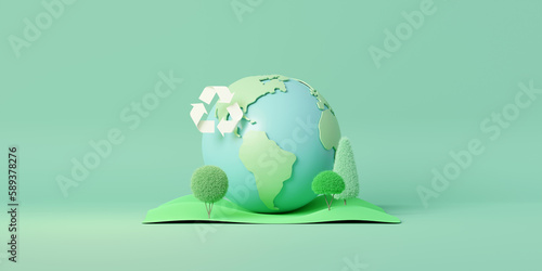 3D Earth with Recycle symbol. World environment and earth day concept. Minimal scene for mockup design. 3D rendering illustration.