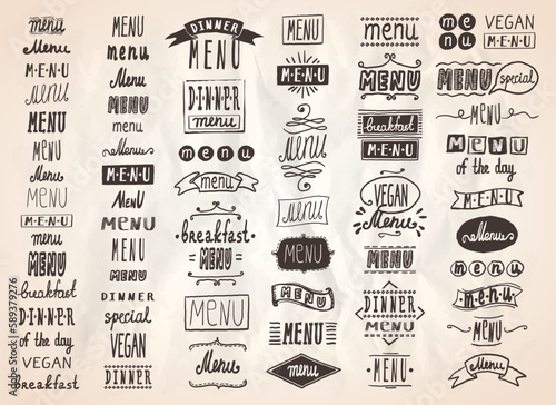 Menu elements and titles, handwriting lettering menu graphic set