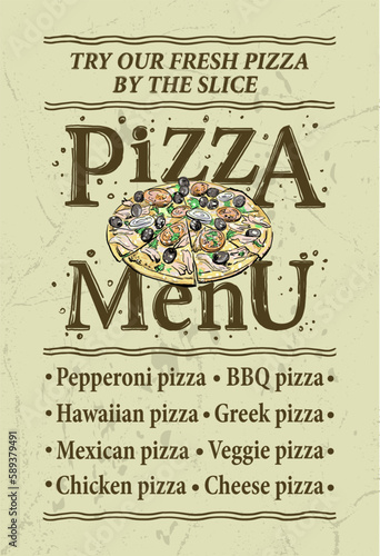 Pizza menu list with whole pizza