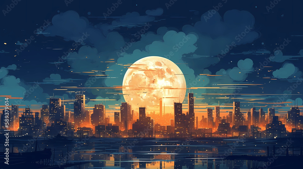 Obraz premium full moon shining brightly in a midnight sky. digital art illustration. generative AI