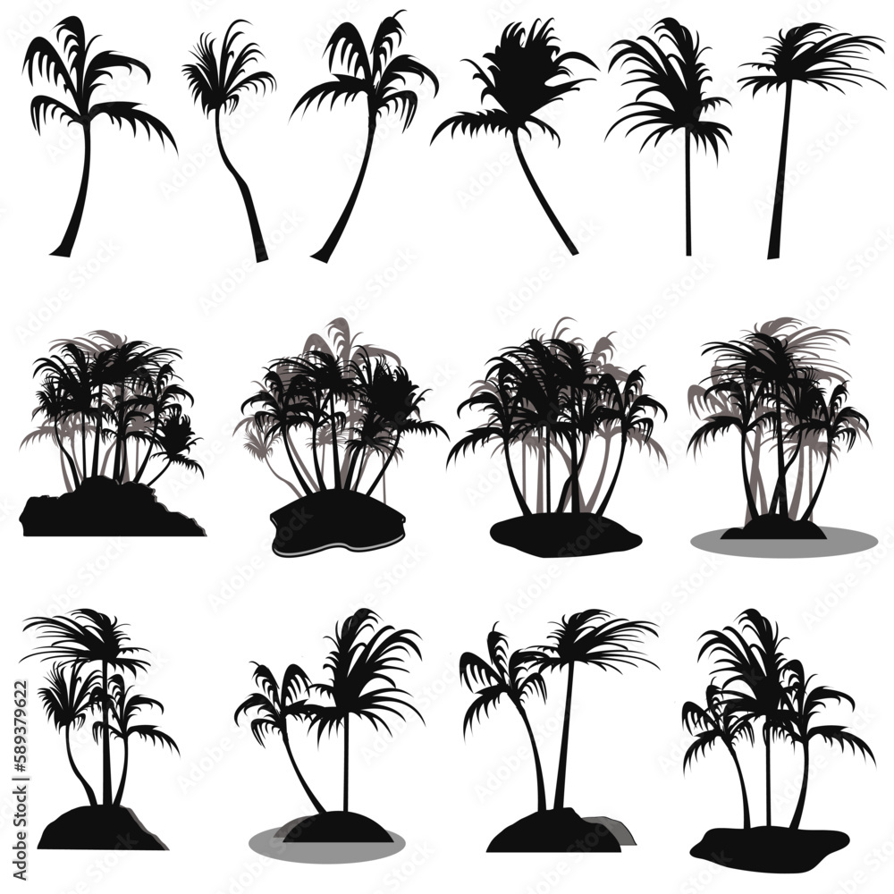 set of coconut palm trees collection vector