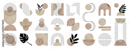 Abstract minimal element mid century vector set. Aesthetic contemporary stripe line art, watercolor geometric shapes in earth tone. Art form design for wall art, decoration, wallpaper.