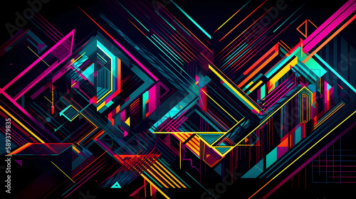 neon colors in geometric shapes background. digital art illustration. generative AI