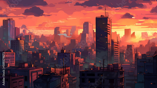 orange city skyline in the afternoon. digital art illustration. generative AI