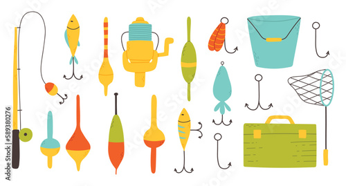 Set of elements for fishing.Collection of tackle and lures for fishing. Vector illustration. Flat style. Bright set for summer fishing.