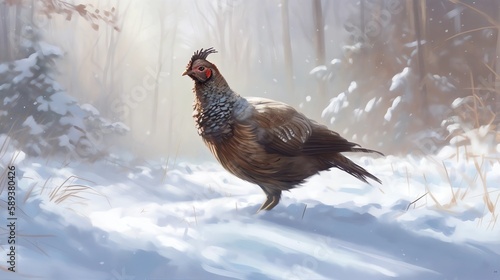Hen in Winter Wonderland Background, Made with Generative AI