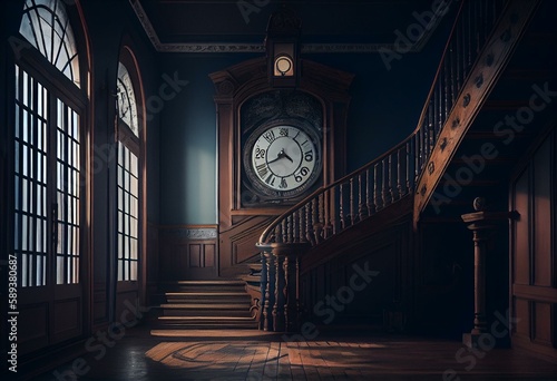 a dark room with a large window and a clock on the wall and a staircase leading to it with a light on. Generative AI