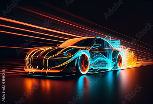 Car moving fast Glowing colorful of neon light or laser moving high speed data network technology. Generative AI