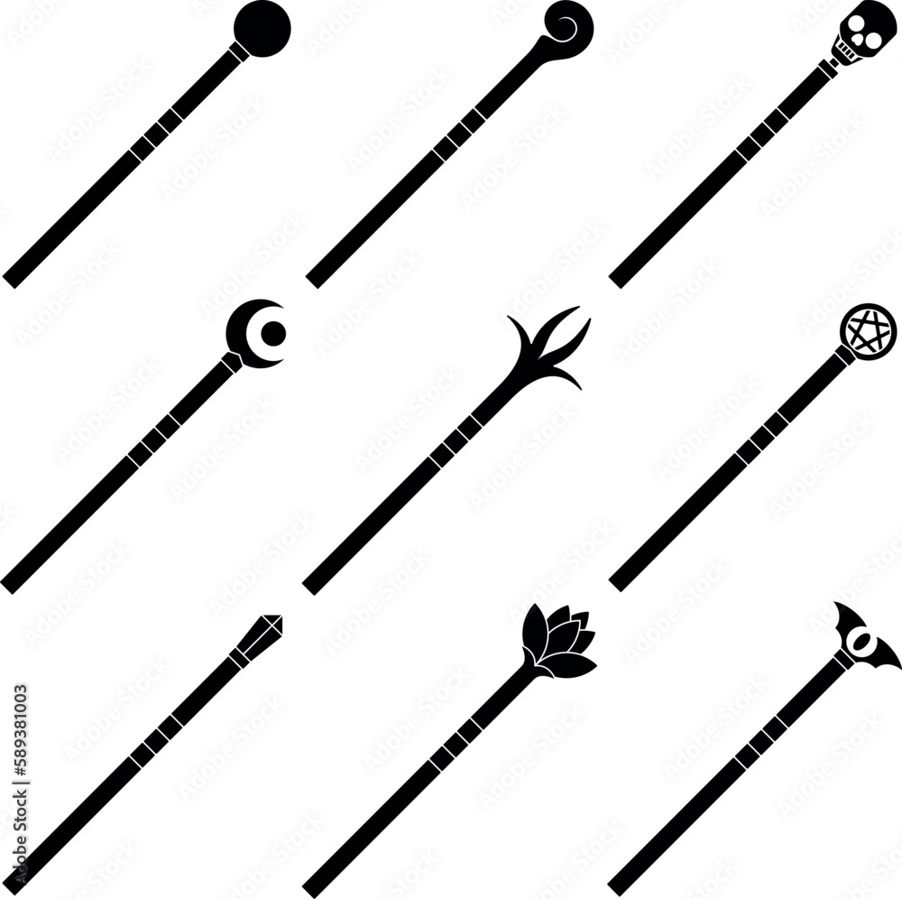 Set of different black magic staffs Set of different black magic staffs