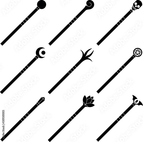 Set of different black magic staffs
