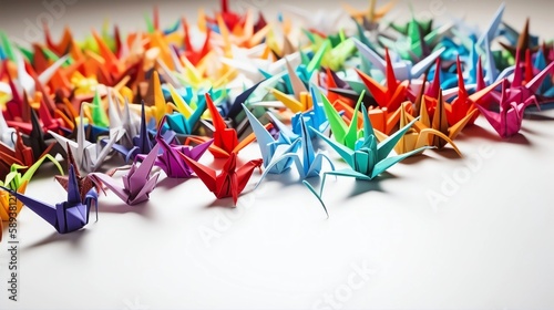 Brightly Colored Origami Cranes Background, Made with Generative AI