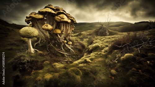 Surreal Eerie Landscape with Mushrooms Background, Made with Generative AI
