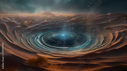 A swirling vortex of water forming in the middle of a desert. digital art illustration. generative AI