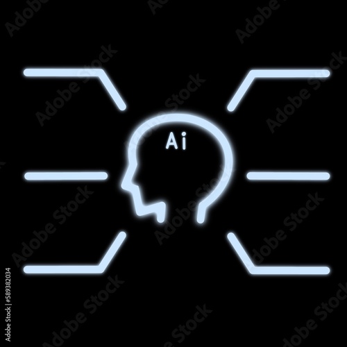 A picture of a face shaped line representing artificial intelligence ai. The line is shining like a blue neon sign and can be used to copy space.The side view of a human face is a real illustration.