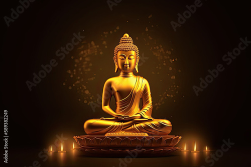 Buddha golden statue decorated with lotus blossoms, generative AI 