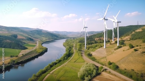 Wind turbines on landscape with green hills and river. Renewable energy concept. Generative AI