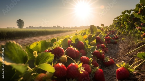 Sun-Kissed Strawberry Fields: Warm Tones, Glossy Texture, and Serene Atmosphere in a Bountiful Harvest photo