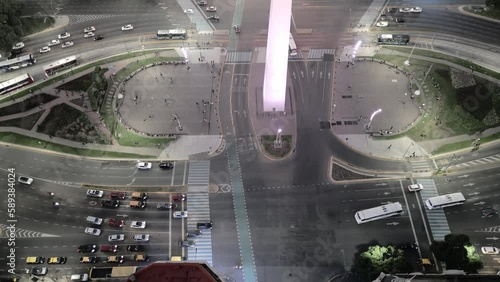 Aerial Drone View Above Obelisk of Buenos Aires Argentina at Nighttime July 9 Avenue Traffic photo