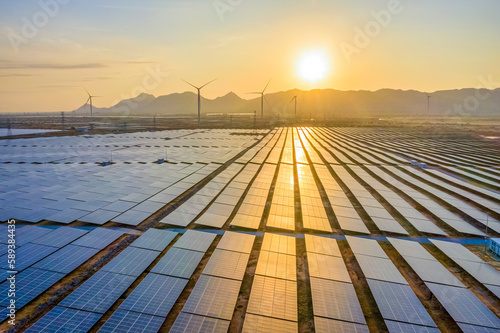 Aerial view of Solar panel, photovoltaic, alternative electricity source - concept of sustainable resources on a sunny day, Phuoc Diem, Ninh Thuan, Vietnam