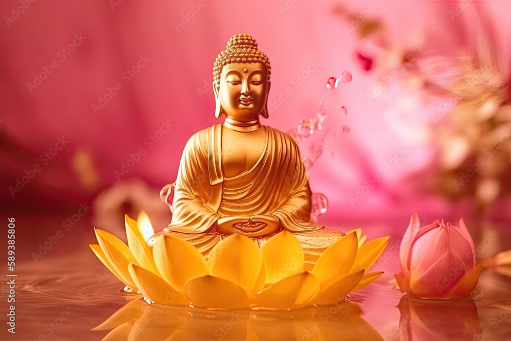 Buddha meditate on  lotus blossoms, generative AI