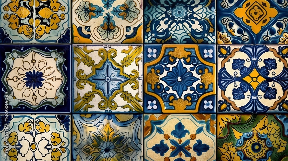 different ceramic pottery tiles set, Portuguese and Spain decor Islam, Arabic, Indian, Ottoman motif