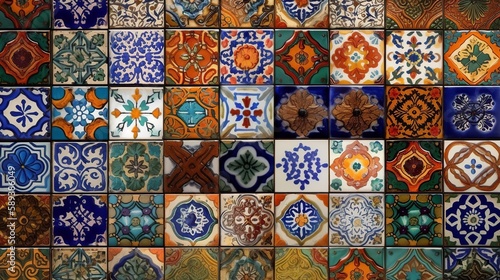 different ceramic pottery tiles set, Portuguese and Spain decor Islam, Arabic, Indian, Ottoman motif © Alan
