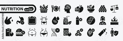 Web Set of Nutrition, Healthy food and Detox Diet Vector Icons.	
