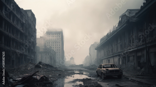 Post apocalyptic city background. Destroyed buildings, cracked road. Generative AI.