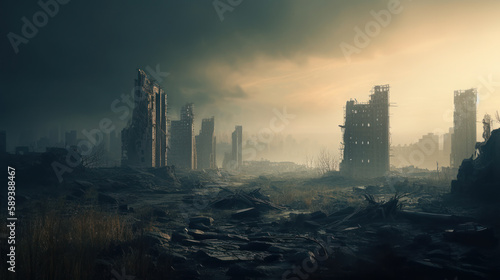 Post apocalyptic city background. Destroyed buildings, cracked road. Generative AI.