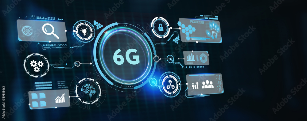 The concept of 6G network, high-speed mobile Internet, new generation networks. Business, modern technology, internet and networking concept. 3d illustration The concept of 6G network, high-speed mobile Internet, new generation networks. Business, modern technology, internet and networking concept. 3d illustration