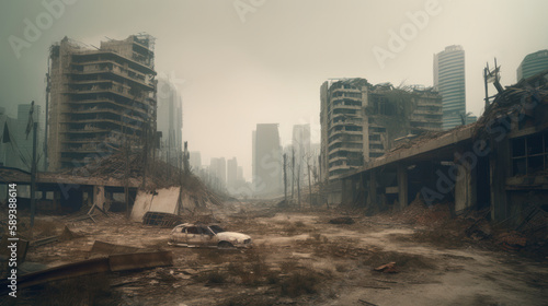 Post apocalyptic city background. Destroyed buildings  cracked road. Generative AI.