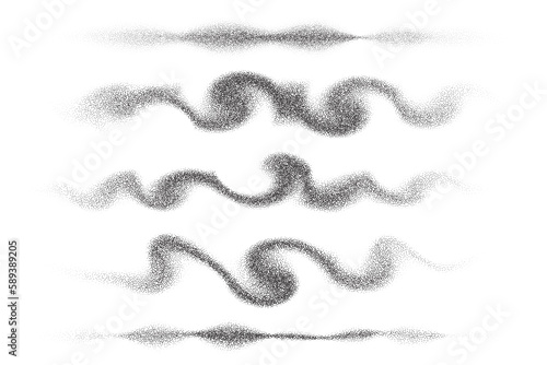 Wavy smoke effect. Wind and spray with dust texture. Grainy gradient clouds. Stipple mist. Vector collection