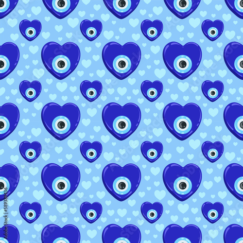 Evil eye pattern. Greek heart bead and turkish blue nazar seamless background. Amulet for luck and energy protection against envy. Vector wallpaper