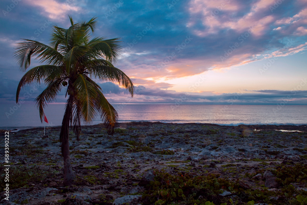 Beautiful seascape during sunset on the Caribbean coast. Yucatan Peninsula. Mexico.