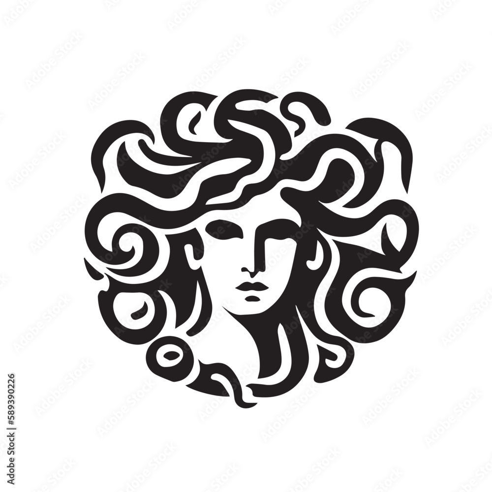 Ancient greek Medusa, woman head logo. Vector illustration of