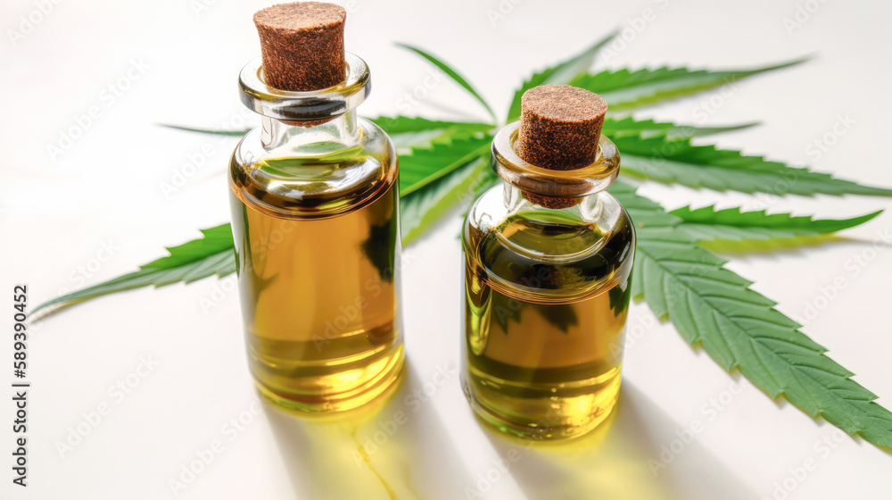 CBD Oil glass bottle with Marijuana leaves , Cannabis liquid, Generative AI Technology CBD Oil glass bottle with Marijuana leaves , Cannabis liquid, Generative AI Technology