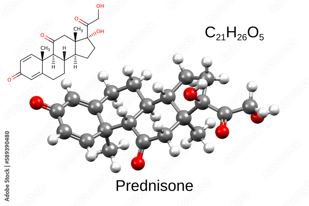 Chemical formula, skeletal formula and 3D ball-and-stick model of the glucocorticoid immunosuppressor prednisone Chemical formula, skeletal formula and 3D ball-and-stick model of the glucocorticoid immunosuppressor prednisone
