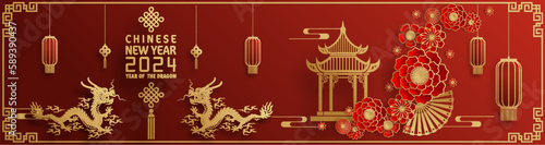 Happy chinese new year 2024 year of the chinese dragon zodiac with on color Background. ( Translation : happy new year, chinese dragon )