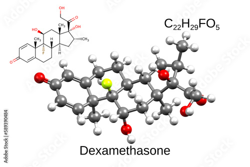 Chemical formula, skeletal formula and 3D ball-and-stick model of the glucocorticoid immunosuppressor dexamethasone