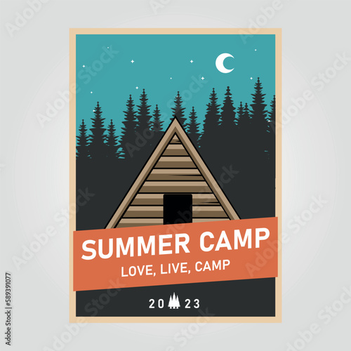 cottage cabin travel poster vintage illustration design, vacation with family in the outdoor view poster design